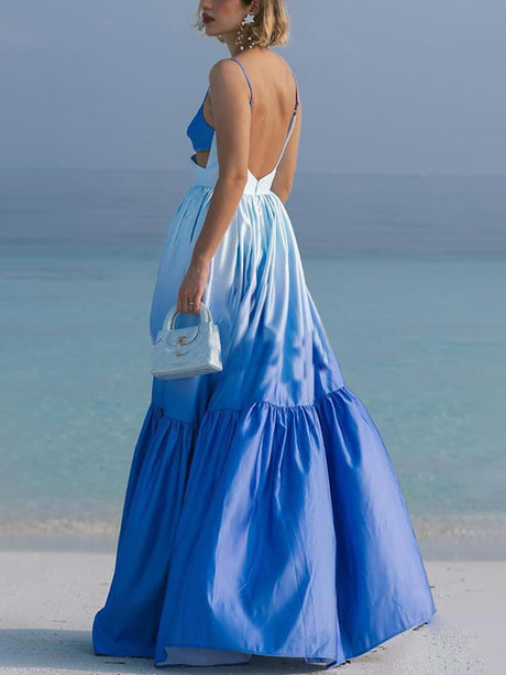 Aurohaya Gradient Color Print Cutout Waist Tiered Maxi Dress