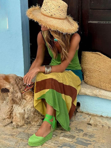 Aurohaya Unique Color Block Stitching Print Backless Slim Fit Maxi Dress