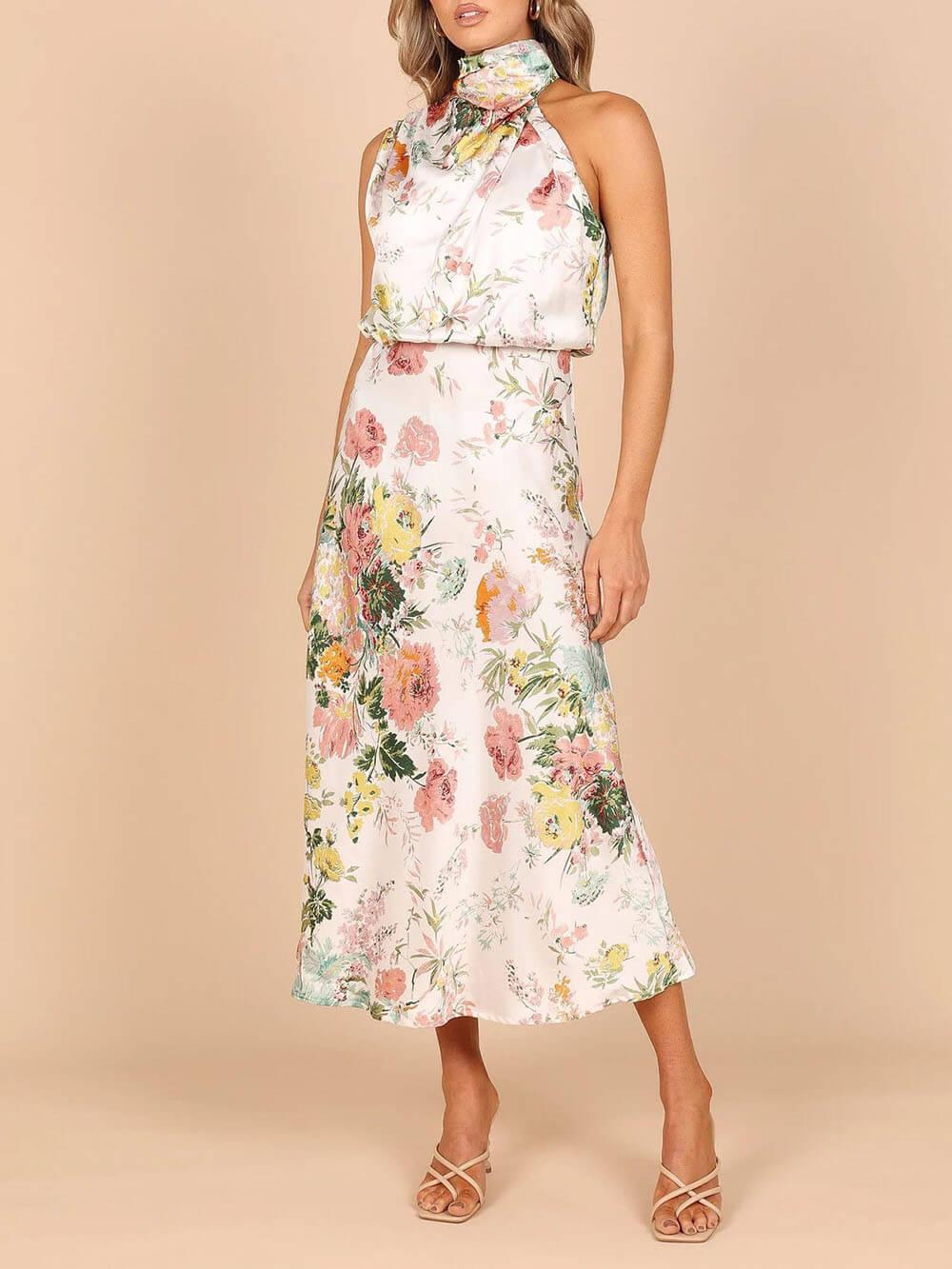 Aurohaya Floral Halter Neck Elastic Waist Maxi Dress