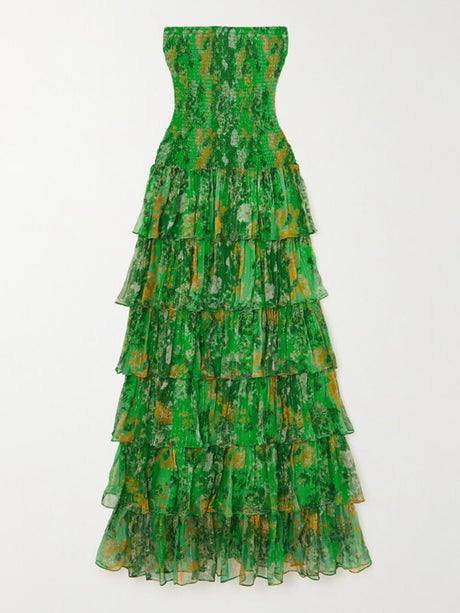 Aurohaya Strapless Layered Bandeau Floral Print Maxi Dress