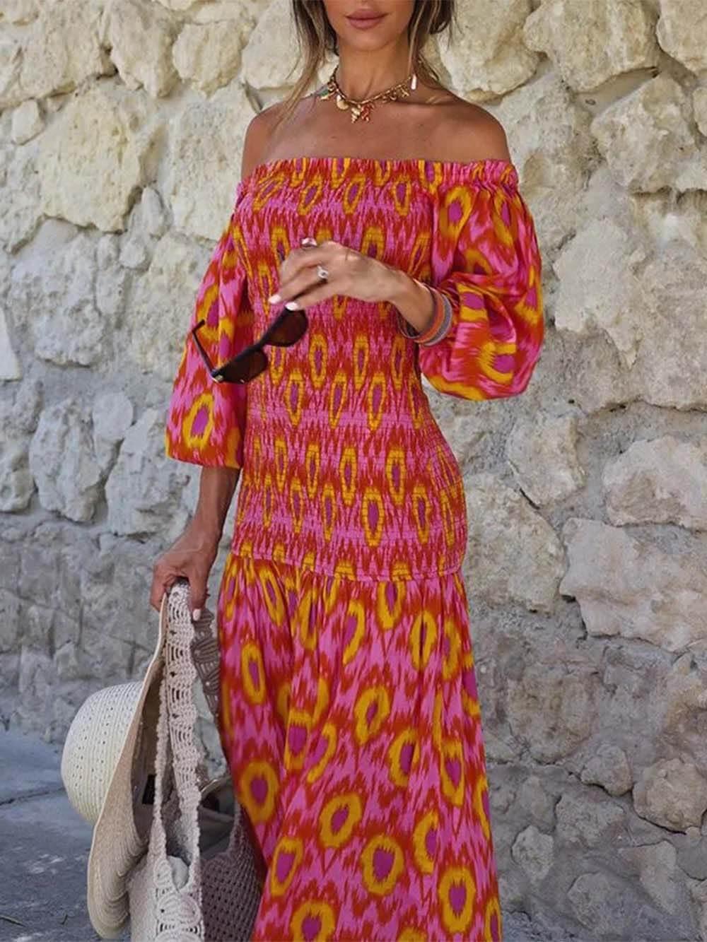 Aurohaya Unique Printed Off Shoulder Balloon Sleeve Smocked Midi Dress