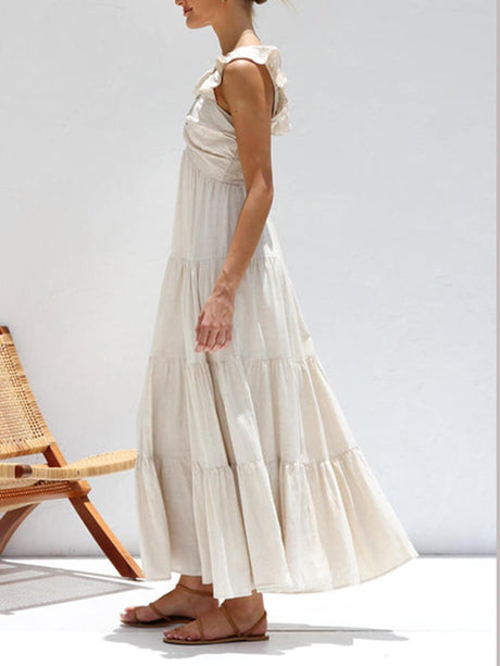 Aurohaya Ruffled Flying Sleeves Smocked Back Tiered Vacation Maxi Dress