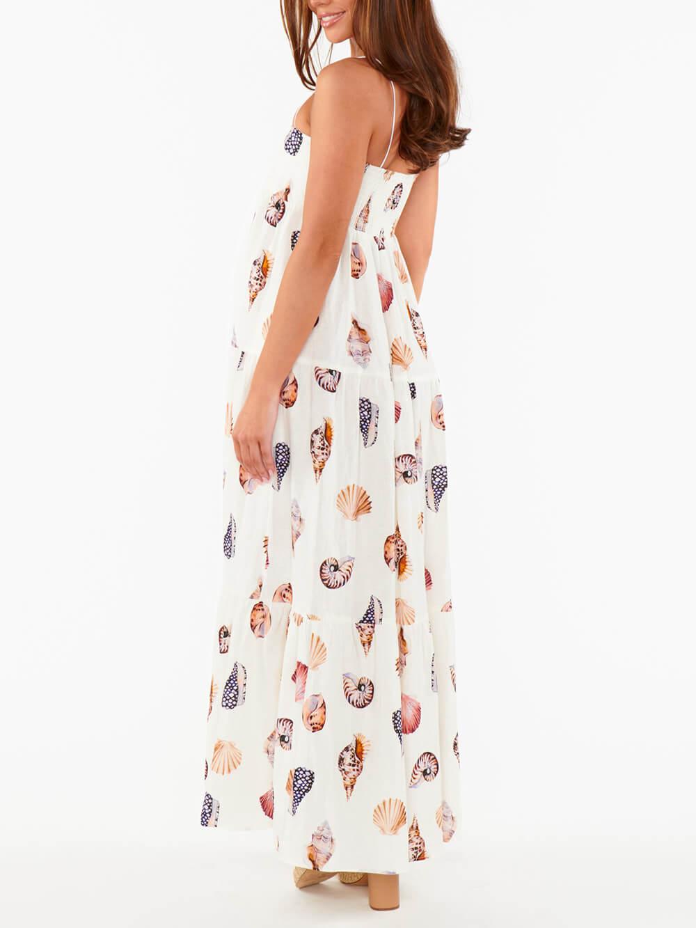 Aurohaya Unique Shell Conch Print Pleated Pockets Lightweight Maxi Dress