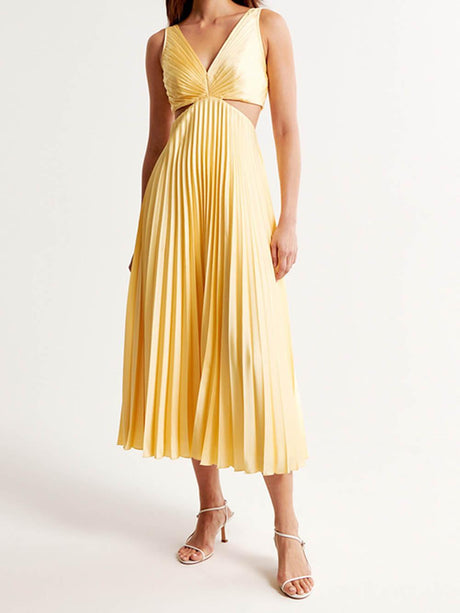 Aurohaya Pleated Cutout Waist Loose Midi Dress Yellow