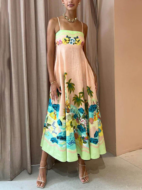 Aurohaya Sling Printed Casual Midi Dress Multicolor