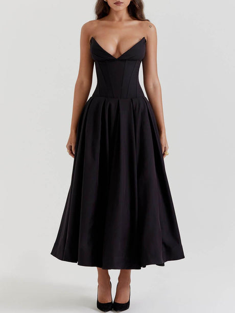 Aurohaya Black Strapless Midi Dress Black