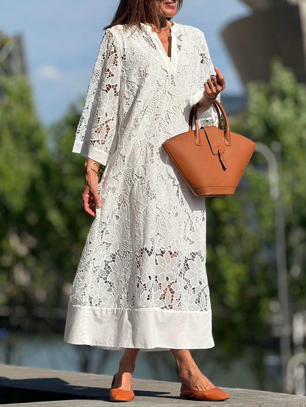 Aurohaya Flower Lace V-Neck Bell Sleeve Loose Midi Dress