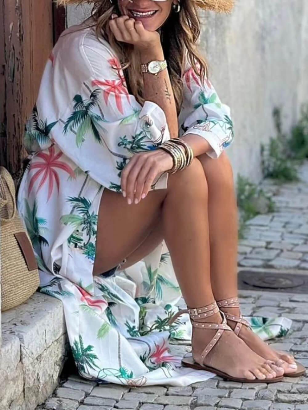 Aurohaya Vacation Style Botanical Print Tie-Waist Long Cover-Up Dress