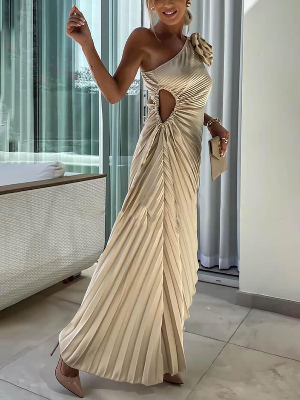 Aurohaya Romantic Night Guilloche Stretch Hollow One Shoulder Pleated Maxi Dress