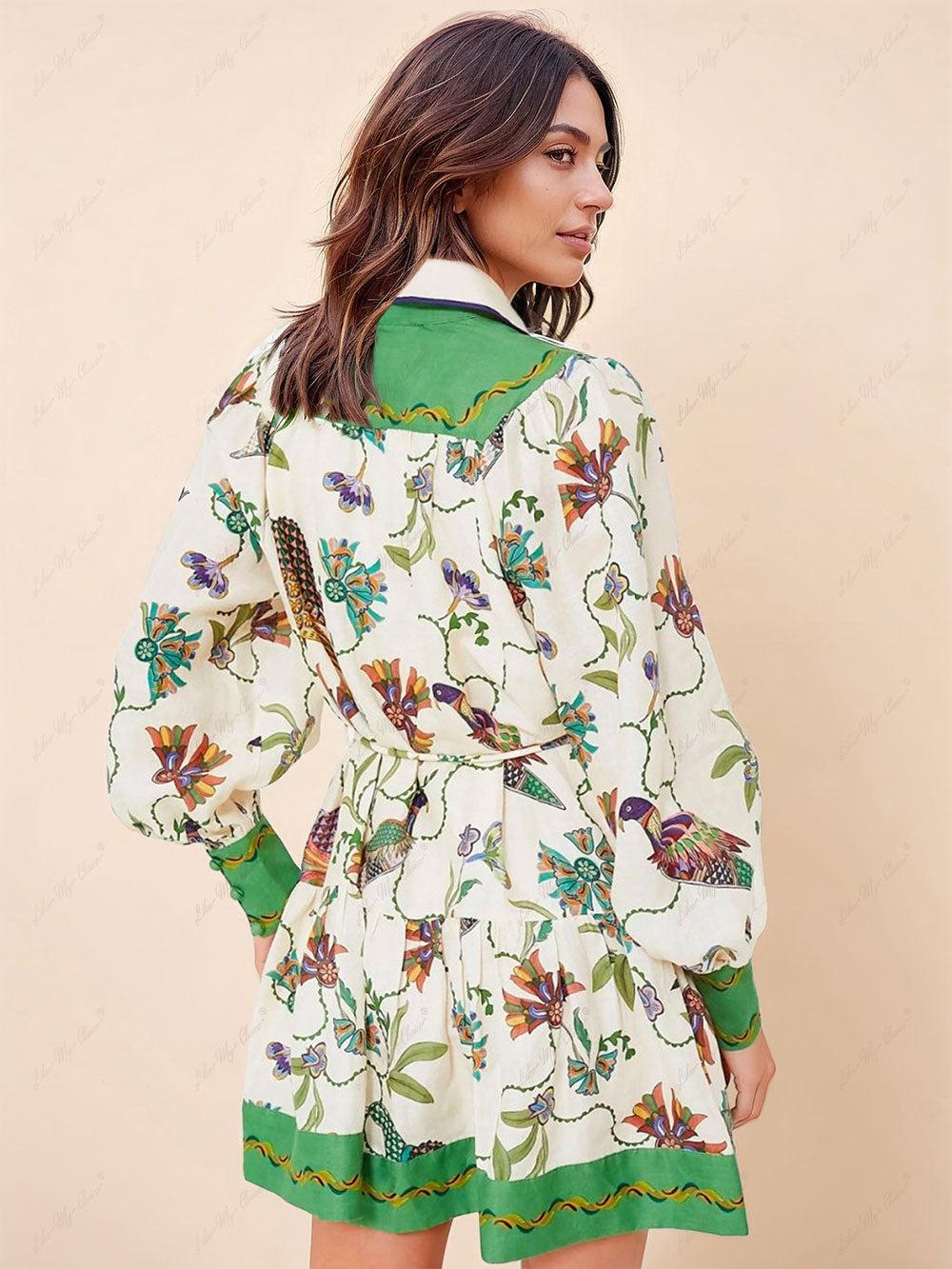 Aurohaya Unique Print Color Match Balloon Sleeve Shirt Mini Dress