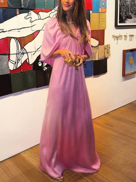 Aurohaya Distinctive U Neck Cape Design Maxi Dress Pink