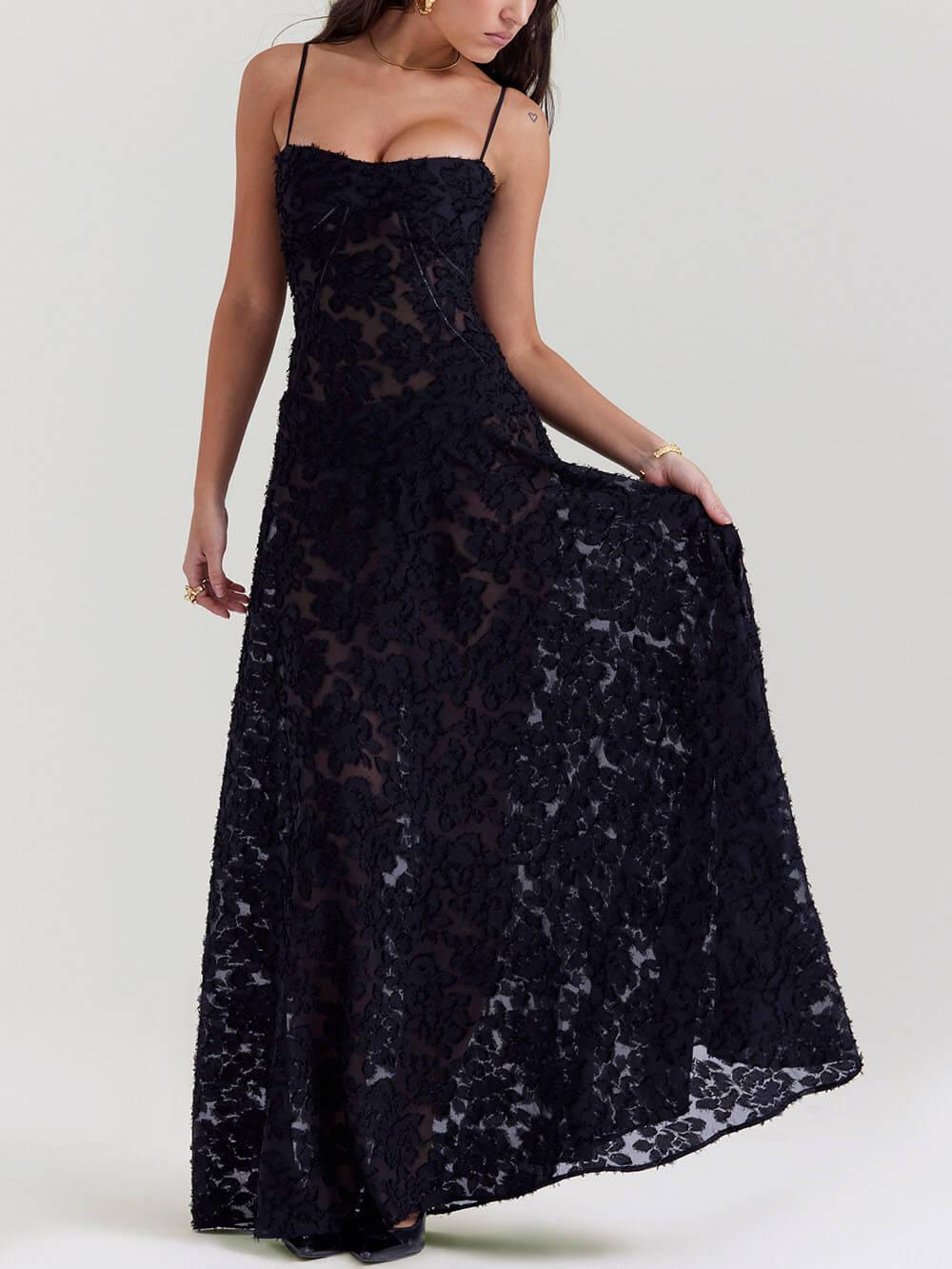 Aurohaya Black Floral Lace Back Maxi Dress