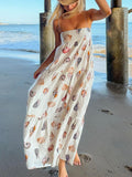 Aurohaya Unique Shell Conch Print Pleated Pockets Lightweight Maxi Dress White