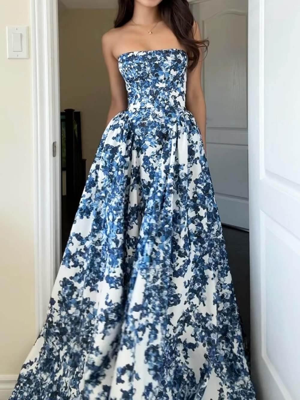Aurohaya Elegant Strapless Printed String Maxi Dress