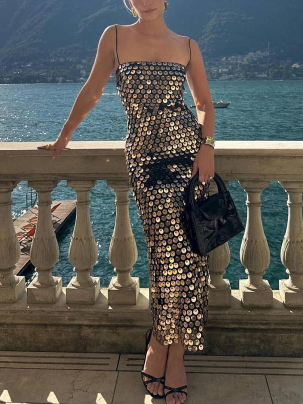 Aurohaya Sequin Versatile Irregular Midi Dress Black