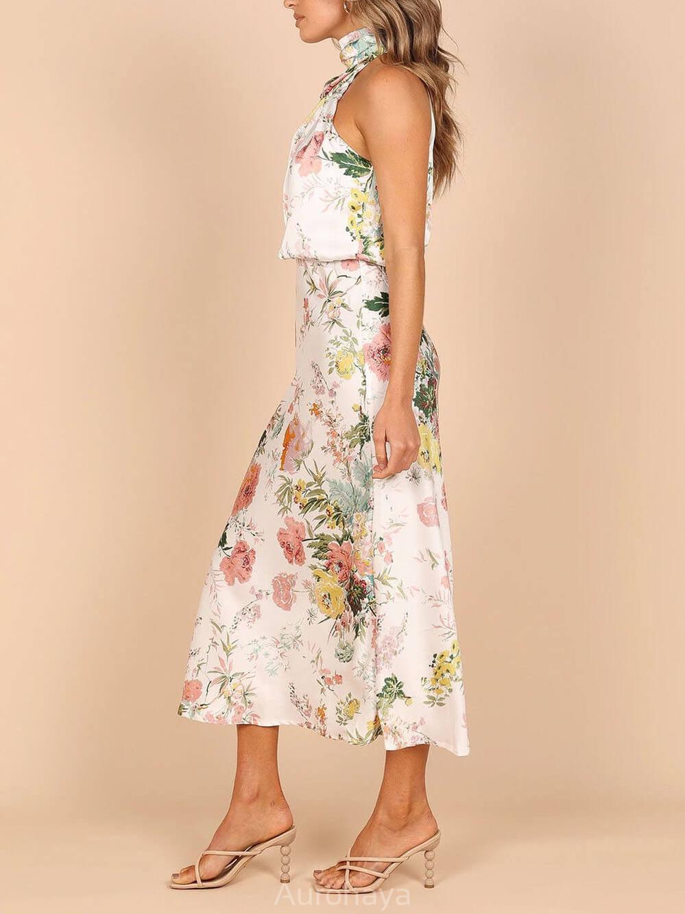 Aurohaya Floral Halter Neck Elastic Waist Maxi Dress