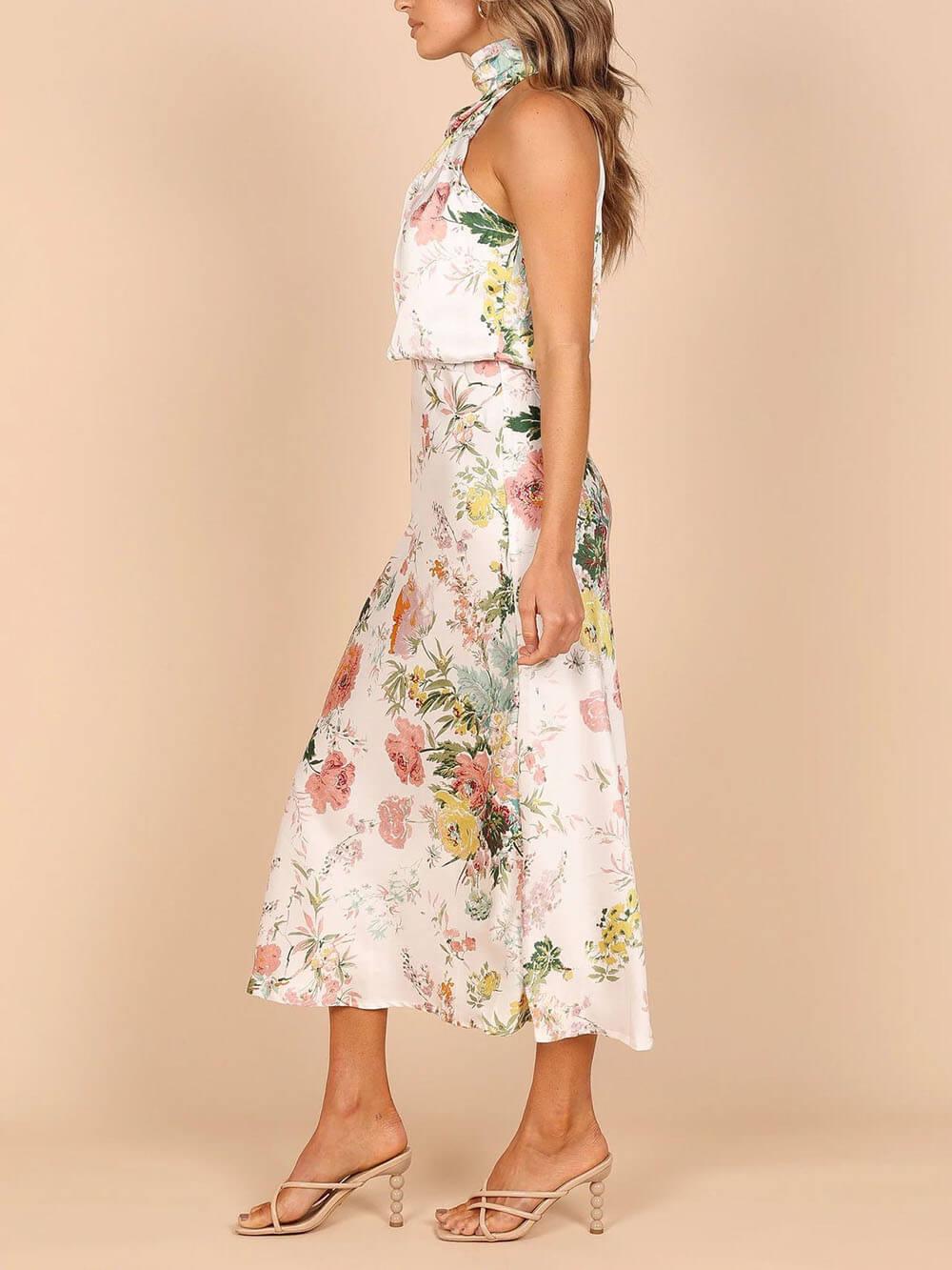 Aurohaya Floral Halter Neck Elastic Waist Maxi Dress