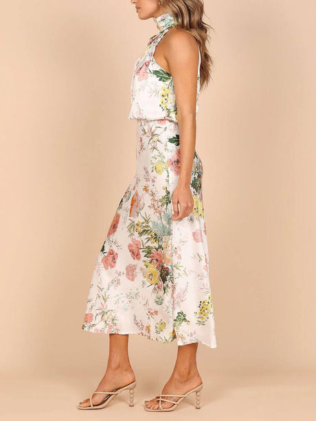 Aurohaya Floral Halter Neck Elastic Waist Maxi Dress