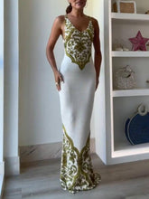 Aurohaya Extraordinary Elegance Symmetrical Unique Print Stretch Fishtail Maxi Dress White