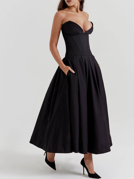 Aurohaya Black Strapless Midi Dress