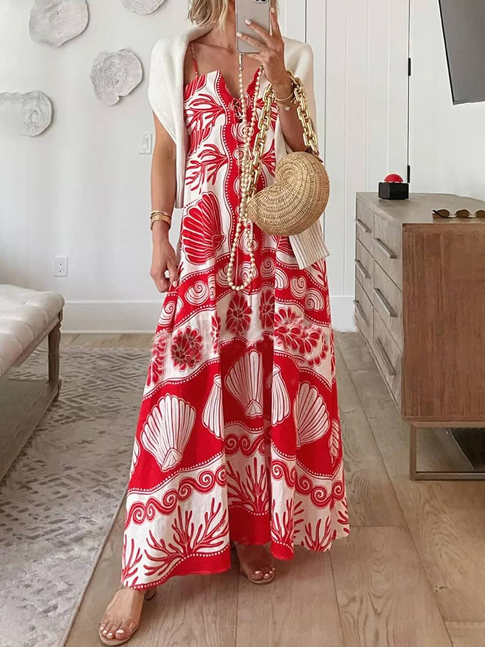 Aurohaya Shell Unique Print Front Lace-Up Loose Maxi Dress Red