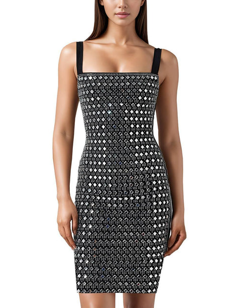 Aurohaya Rhinestone Slim Sling Mini Dress Black