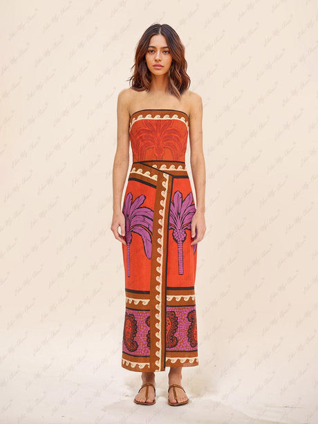 Aurohaya Unique Palm Tree Floral Off-Shoulder Midi Dress