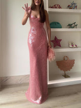 Aurohaya Exquisite And Elegant Sequined Backless Party Bodycon Maxi Dress Pink