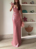 Aurohaya Exquisite And Elegant Sequined Backless Party Bodycon Maxi Dress Pink