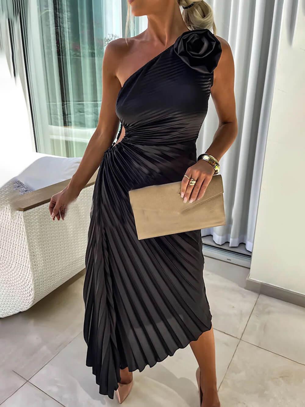 Aurohaya Romantic Night Guilloche Stretch Hollow One Shoulder Pleated Maxi Dress Black