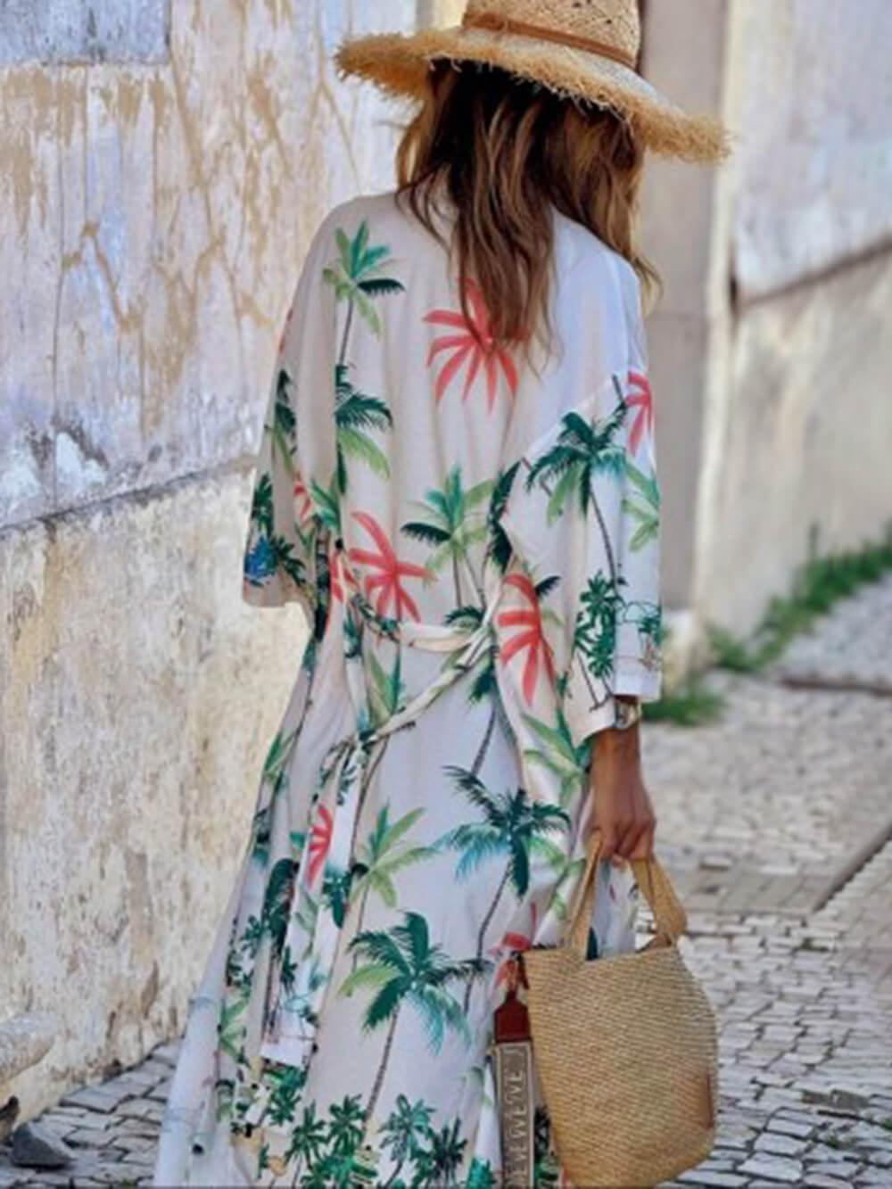 Aurohaya Vacation Style Botanical Print Tie-Waist Long Cover-Up Dress