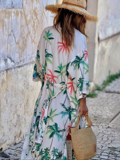 Aurohaya Vacation Style Botanical Print Tie-Waist Long Cover-Up Dress