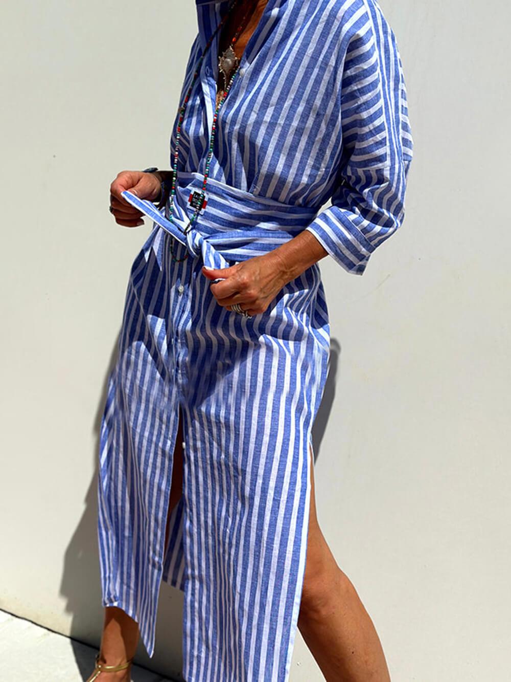 Aurohaya Splendor Stripes Printed Button Half Sleeve Belt Shirt Midi Dress