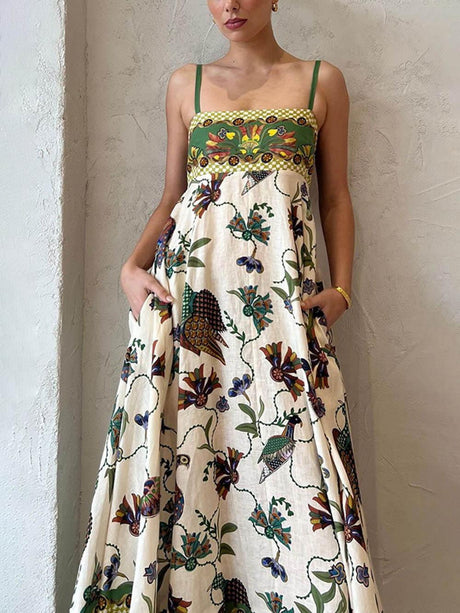 Aurohaya Sun Drenched Unique Print Smocked Back Pocketed Dress