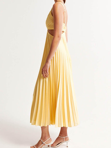 Aurohaya Pleated Cutout Waist Loose Midi Dress
