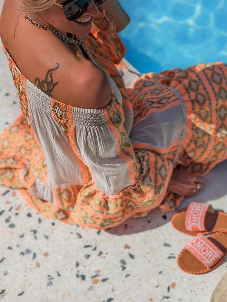 Aurohaya Linen Blend Ethnic Print Off Shoulder Loose Mini Dress