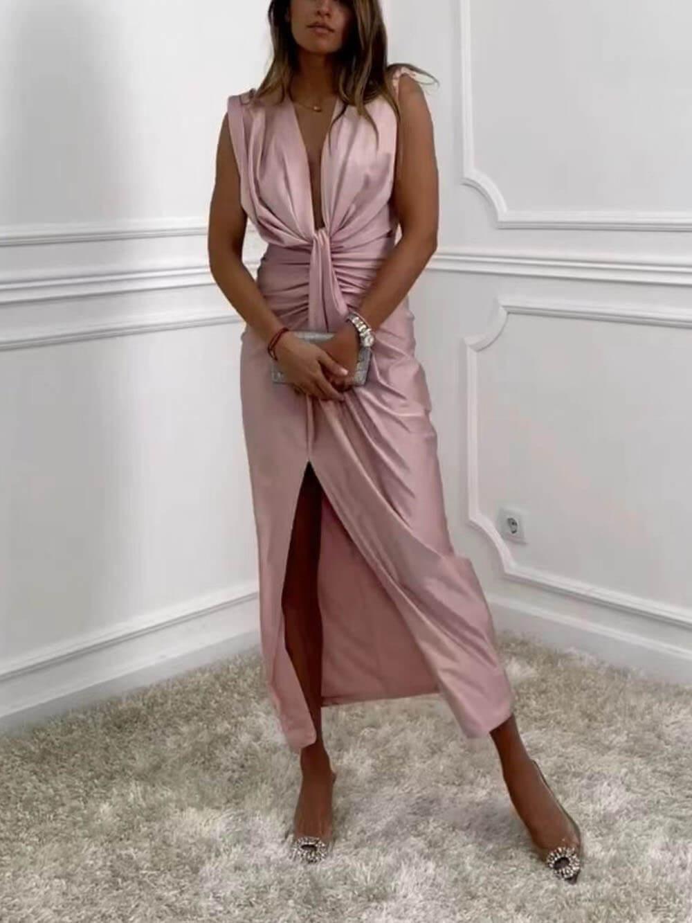 Aurohaya Classic V-Neck Ruched Drape Slit Midi Dress Pink