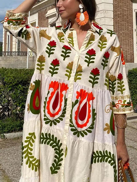 Aurohaya Bohemian Loose Print Dress