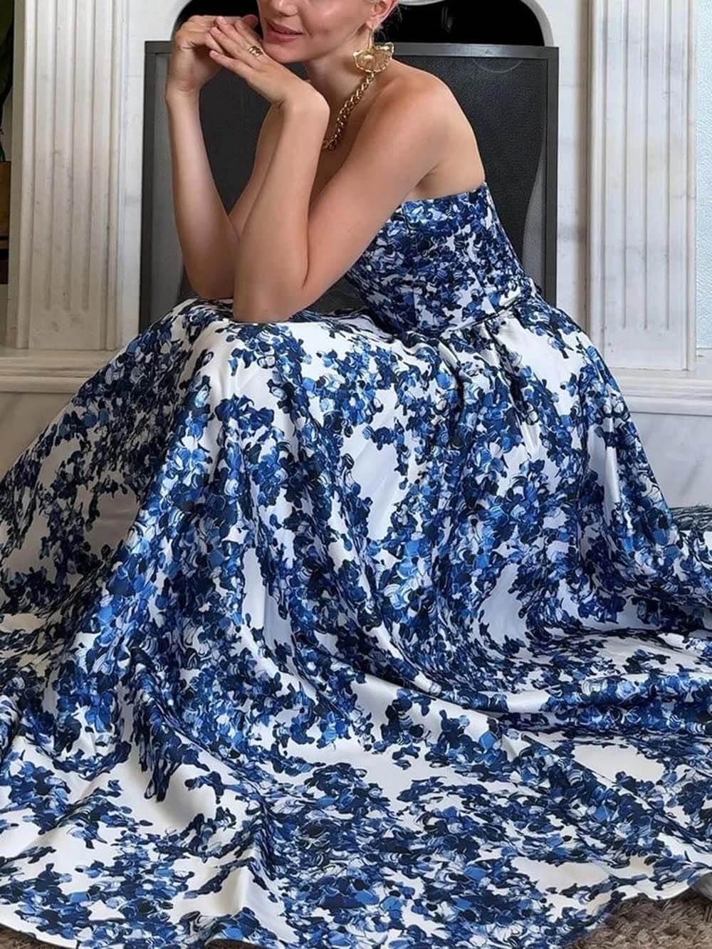 Aurohaya Elegant Strapless Printed String Maxi Dress
