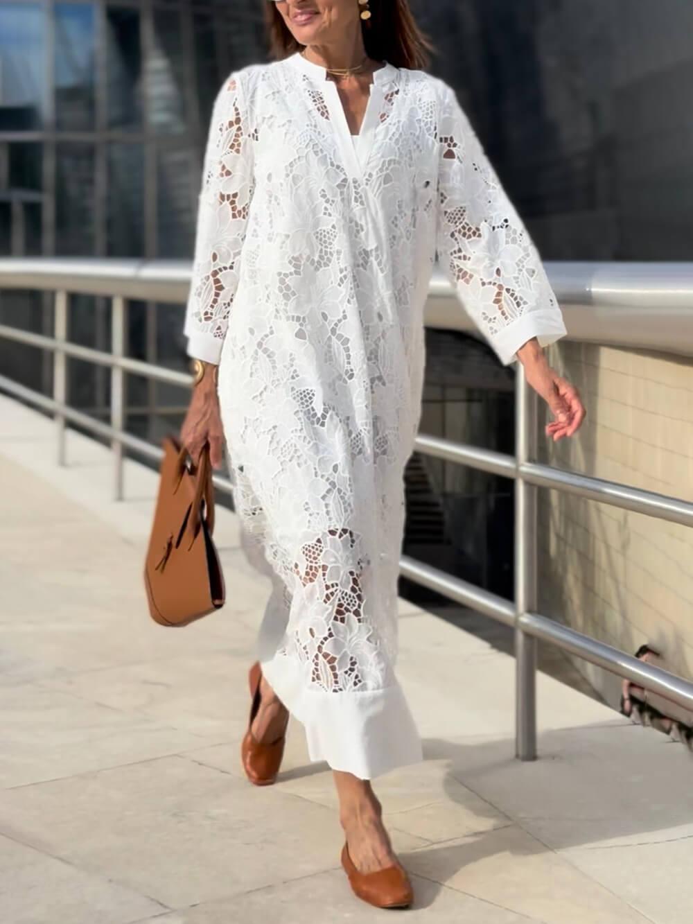 Aurohaya Flower Lace V-Neck Bell Sleeve Loose Midi Dress