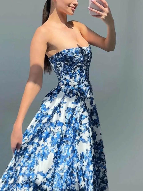 Aurohaya Elegant Strapless Printed String Maxi Dress