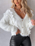 Floral Pattern Beaded Fuzzy Knit Cardigan Sweaters