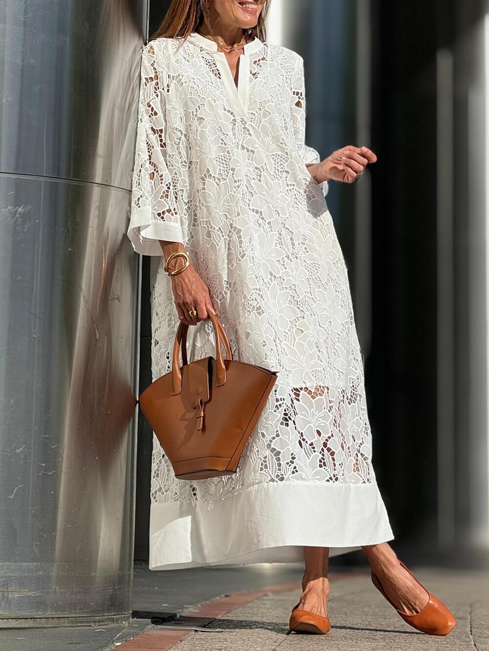 Aurohaya Flower Lace V-Neck Bell Sleeve Loose Midi Dress White One Size