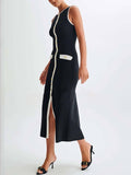 Aurohaya Elegant Crew Neck Buttoned Sleeveless Knit Midi Dress