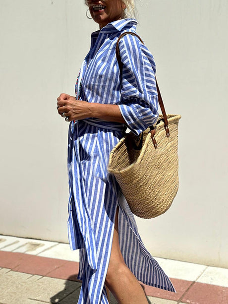 Aurohaya Splendor Stripes Printed Button Half Sleeve Belt Shirt Midi Dress