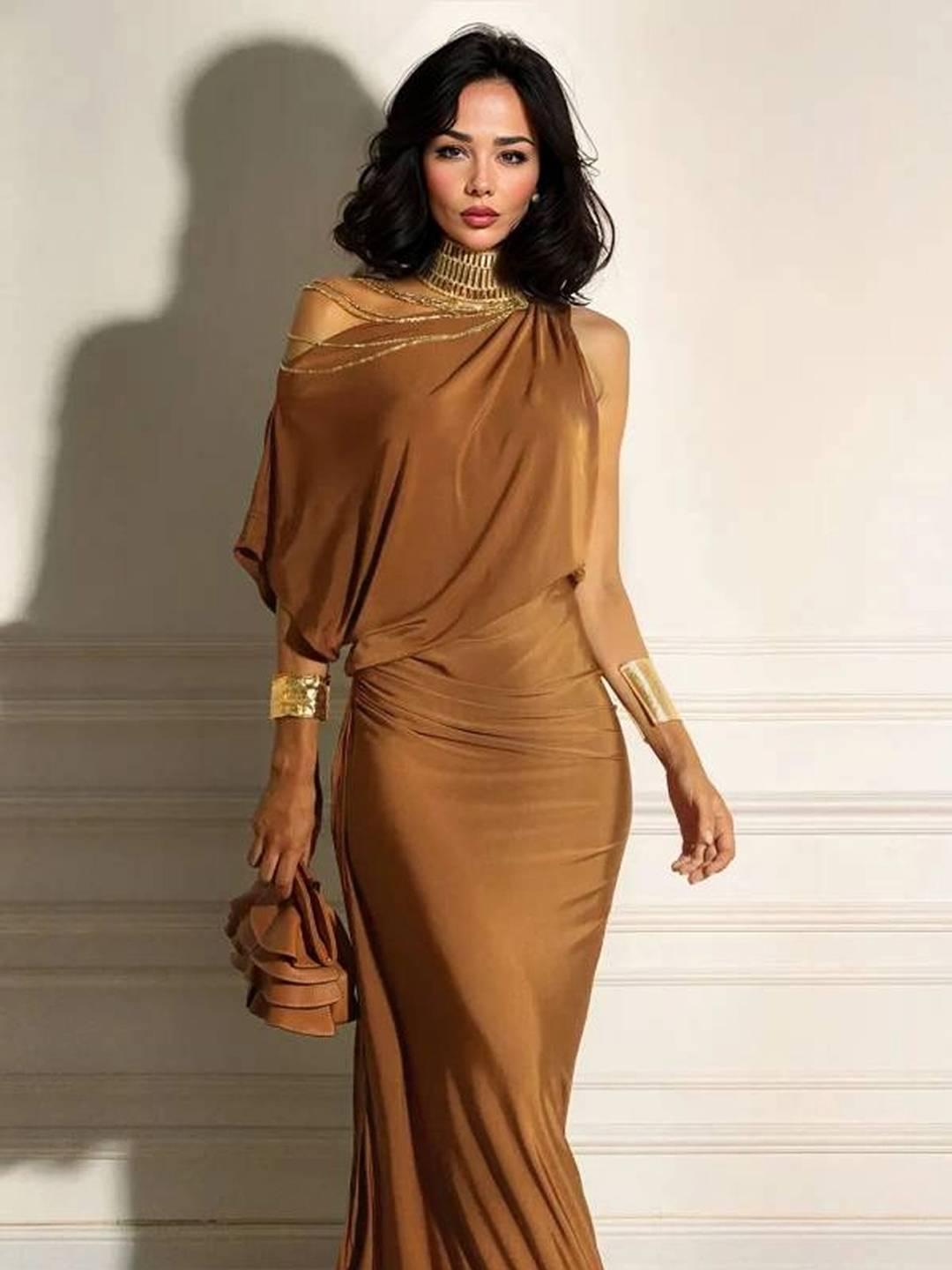 Aurohaya Oblique Collar Off-Shoulder Pleated Maxi Dress