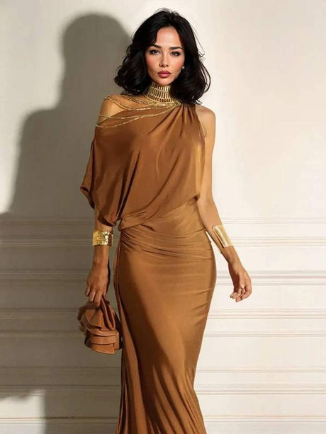 Aurohaya Oblique Collar Off-Shoulder Pleated Maxi Dress