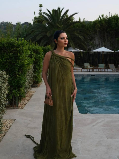 Aurohaya Vacation Style Off-Shoulder Braided Design Maxi Dress Green