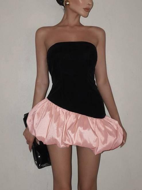 Aurohaya Velvet Tube Top With Bud Mini Dress Black