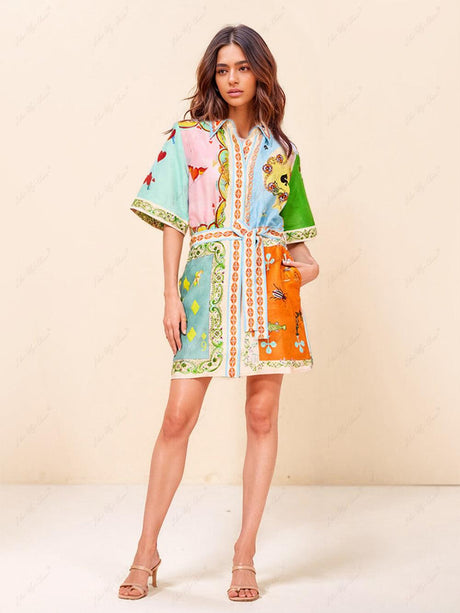 Aurohaya Casual Fashionable Fun Printed Shirt Cardigan Short Dress